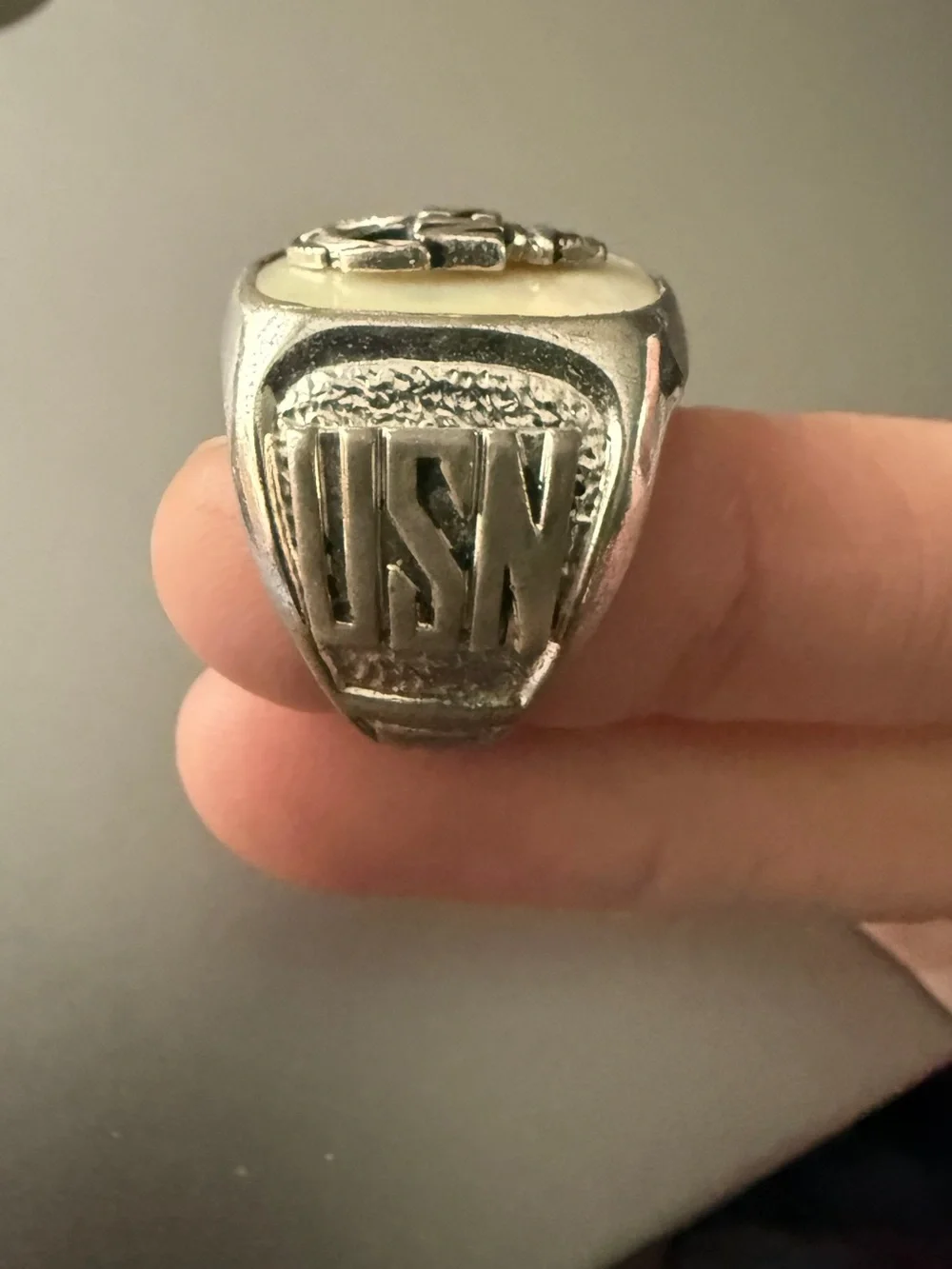 Vintage WWII USN Navy Sterling Silver Mother of Pearl Signet Ring Size 9